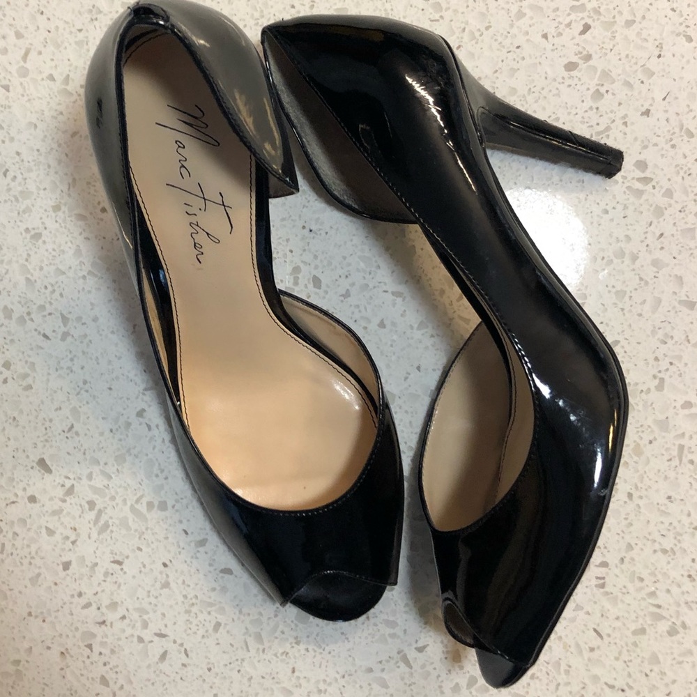 Marc Fisher black leather peep toe stilettos